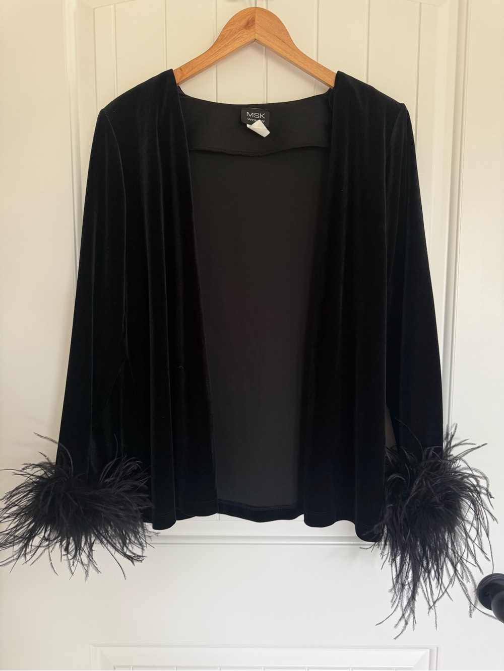 MSK Woman Black Velvet Open Front Jacket Feather Cuffs 1X Holiday Party Glam